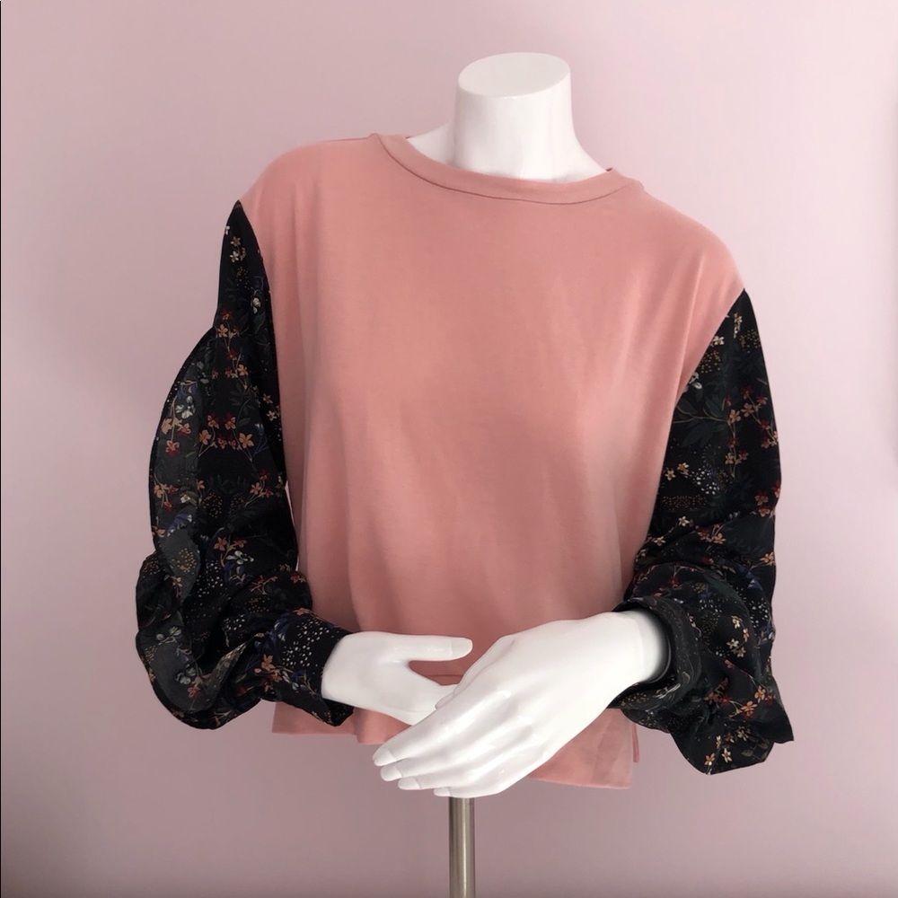 Design Lab Lord & Taylor Pink Top w Floral Sleeves
